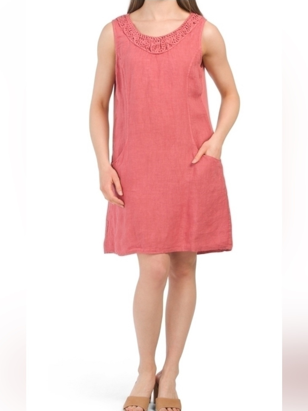 Lungo L’Arno Sleeveless Pink Linen Shift Dress with Rosette Neckline S
